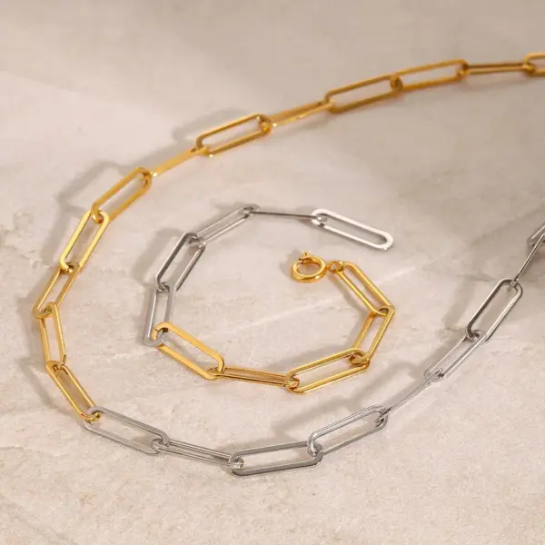 Wholesale Jewelry Simple Style Classic Style Paper Clip 304 Stainless Steel 18K Gold Plated PVD Coated Mixed Metal Bracelets Necklace