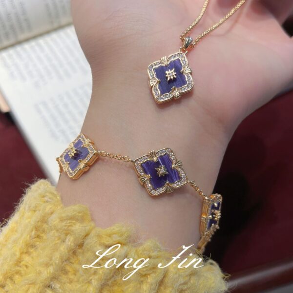 Wholesale Copper four-leaf clover window decoration charoite jewelry set necklace bracelet earring ring