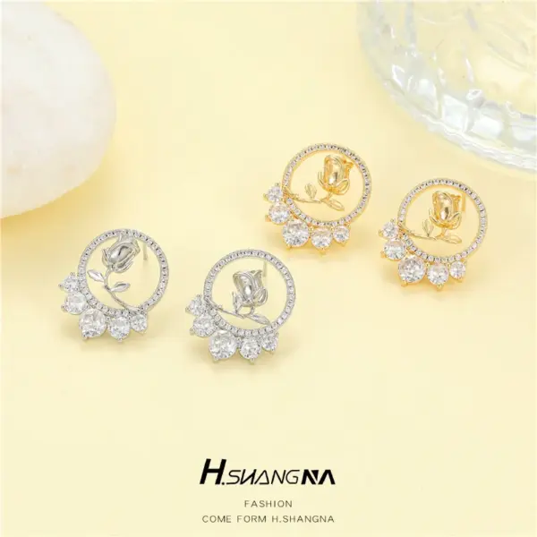 Wholesale Rose Stud Earrings For Women With 925 Sterling Silver Posts, Copper Base, And 14K Real Gold Plated Finish Featuring Zircon Inlay