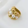 Wholesale Women's 304 Stainless Steel PVD Coated 14K Gold Plated Plating Hollow Out Inlay Round Pearl Rings Imitation Pearl Jewelry