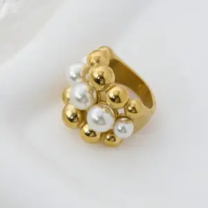 Wholesale Women's 304 Stainless Steel PVD Coated 14K Gold Plated Plating Hollow Out Inlay Round Pearl Rings Imitation Pearl Jewelry