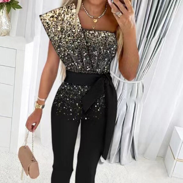 oly-350a25e322d53d8be5c9cd21f5eced8a Wholesale printed jumpsuit solid color sleeveless belt decorative jumpsuit slim-fit stitching bead women’s clothing