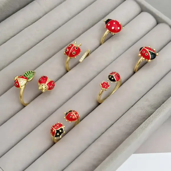 Wholesale Jewelry Casual Cute Romantic Ladybugs Copper Zircon 18K Gold Plated Open Rings