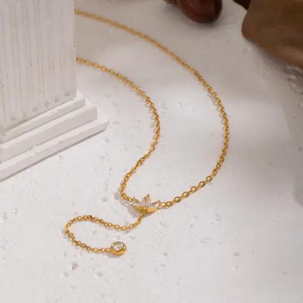 Wholesale 201 Stainless Steel Zircon Petal Tassel Circle Necklace Sweater Chain Niche High-End Daily Matching Jewelry For Women Eco-Friendly Waterproof Elegant Luxurious Vacuum Electroplating Furnace Plated With 18K Real Gold