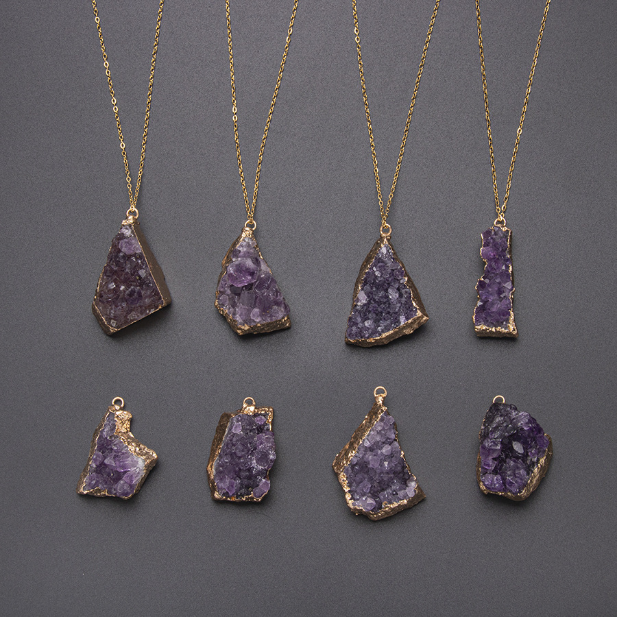 Wholesale Natural Crystal Pendant Crystal Cluster Color Prototype Amethyst Cave Gold-plated Edge Necklace Accessories