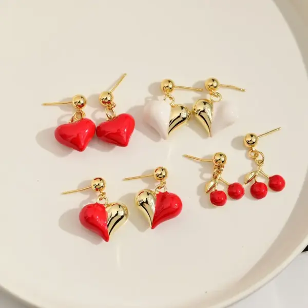 Wholesale Fashionable Love Heart Shaped Earrings Multi Styles Color Block Gold Base Copper Material Women's Jewelry Accessories Cherry Theme