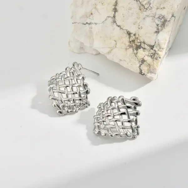 Wholesale Three-dimensional Geometric Stud Earrings For Women, Electroplated Copper With 0.01µm Golden Plated Coating