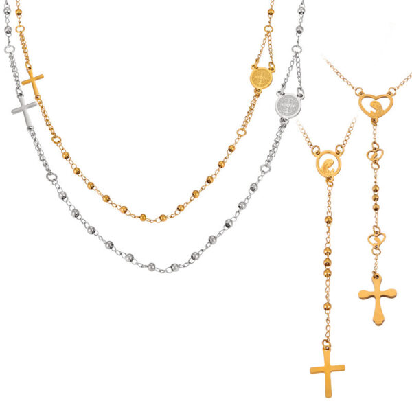 Wholesale British Style Retro Niche Personality Jewelry Embossed Figure Round Brand Tassel Cross Pendant Titanium Steel Gold Plated Necklace