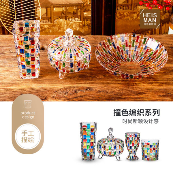 Wholesale -style Hand-painted Color Glass Candy Jar Woven Fruit Plate Contrast Color Vase Painted Juice Glass Whiskey Wine Glass