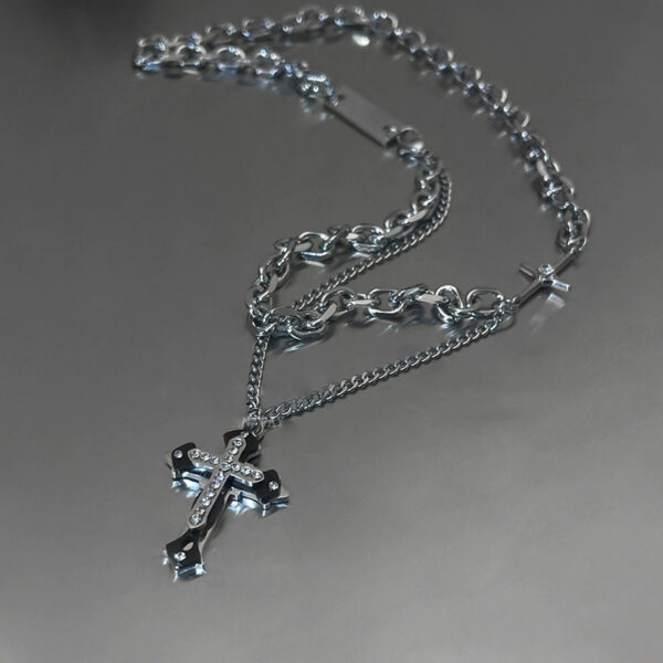 Wholesale Japanese and Korean Double-Layer Stitching Cross Pendant Necklace Women’s Autumn and Winter Cold Fashion Cool Sweat Chain Hip-Hop Accessories
