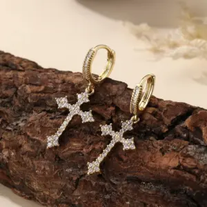 Wholesale Handmade Cross Earrings For Women In Copper With KC Golden Water Plating And Zircon Inlay, Elegant Drop Design