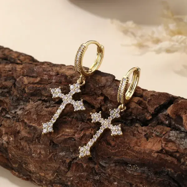 Wholesale Handmade Cross Earrings For Women In Copper With KC Golden Water Plating And Zircon Inlay, Elegant Drop Design