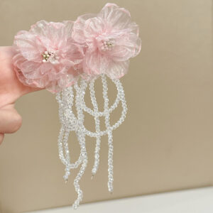 Pink gauze flower crystal tassel earrings