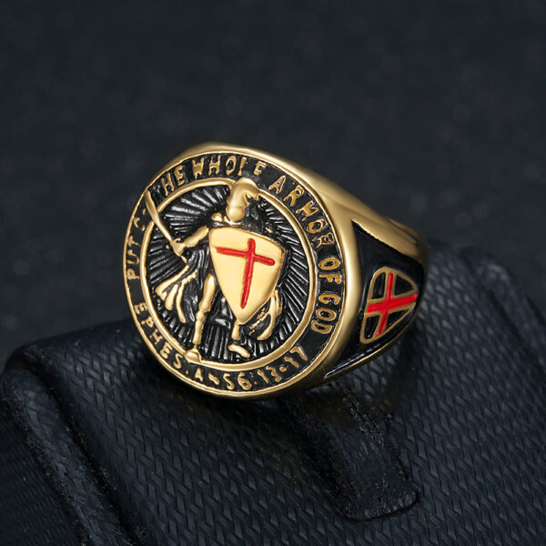 oly-3724c16fc5c3effa645a834b462e9fa3 Wholesale Popular Men's Titanium Steel Gold-Plated Ring Retro Temple Knight Red Cross Shield Ring