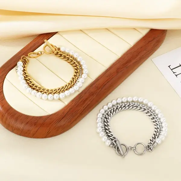Wholesale 18K Gold Plated Fashion 304 Stainless Steel Layered Zircon Chain Shell Bead Bracelet For Women Unisex Style OT Clasp Jewelry