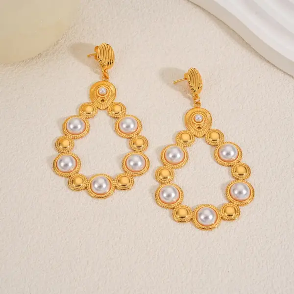 Wholesale Imitation Gold Plated 304 Stainless Steel Water Plated Artificial Gemstone Water Drop Hollow Vacuum Electroplated Waterproof Non-Fading Earrings For Women