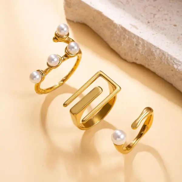 Wholesale Irregular Titanium Steel Rings For Women With Real Gold Plated And Imitation Pearl Inlay, 3 Pieces Set