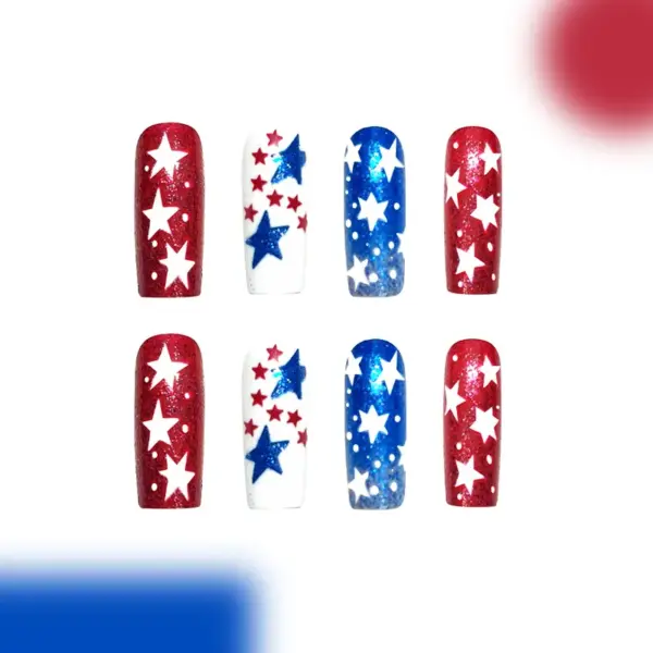 Wholesale 4th Of July Wearable Nail Art Long Tube Gradient Shiny Red And Blue Star Design 24-Piece Set Street Transparent Glitter