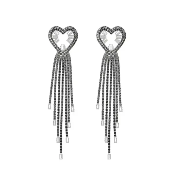 Wholesale Heart Shape Stud Earrings For Women Featuring Silver Copper Tassel Design With Rhinestones And 304 Stainless Steel Posts