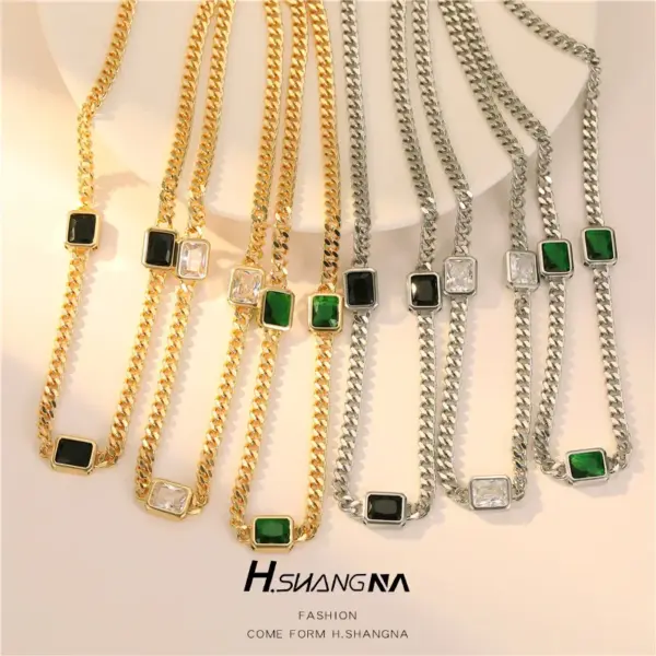 Wholesale Geometric Cuban Chain Link Necklace For Women In Copper With 14K Real Gold Electroplated Finish And Zircon Inlay