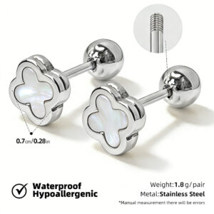 Steel color + white real mother-of-pearl stainless steel screw earrings with four-leaf clover inlaid (priced by pair, 12 pairs per pack) / [full body stainless steel material] [mirror polished furnace vacuum plating] [waterproof and non-fading]
