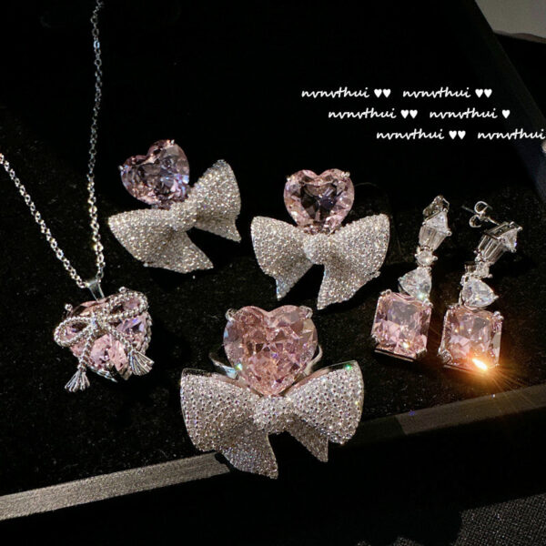Wholesale Kardashian Love Bow Gem Earrings Papalacha Plated 18K Gold Candy Pink Heart Butterfly Ring
