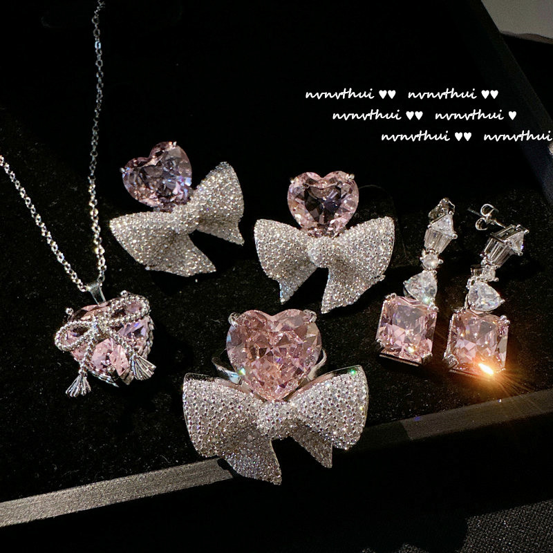 Wholesale Kardashian Love Bow Gem Earrings Papalacha Plated 18K Gold Candy Pink Heart Butterfly Ring