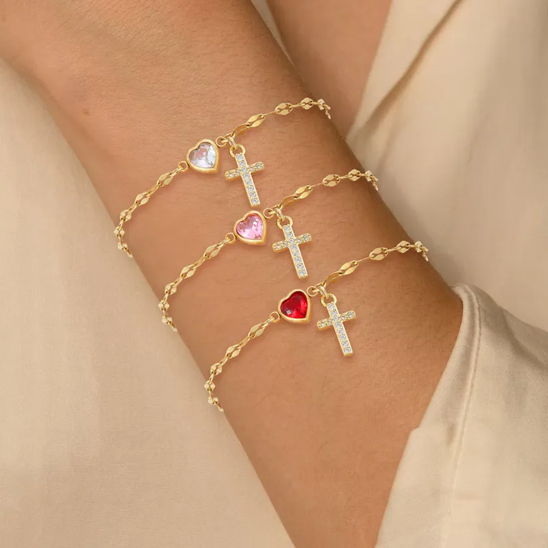 Wholesale Jewelry Elegant Simple Style Classic Style Cross Heart Shape 201 Stainless Steel Artificial Crystal Copper Bracelets Coffee Bean Chain