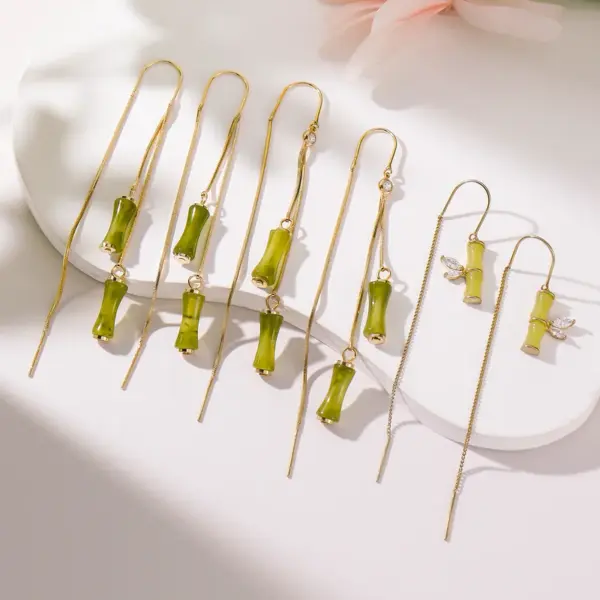 Wholesale 1 Pair Classical Romantic Bamboo Copper Zircon 14K Gold Plated Dangling Earrings