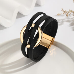 Wholesale Cross Leather Women Bracelet Metal Large Ring Cuff Bracelet Multi-layer Wristband Magnetic Buckle Bracelet