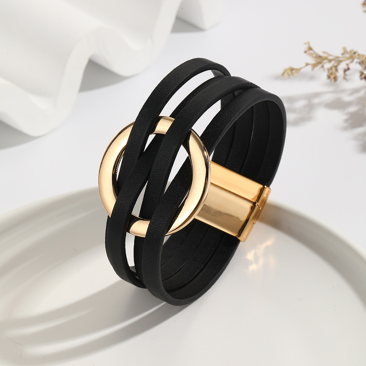Wholesale Cross-border New Cross Leather Women Bracelet Metal Large Ring Cuff Bracelet Multi-layer Wristband Magnetic Buckle Bracelet