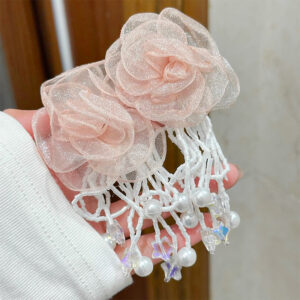 Mesh pink rose tassel earrings