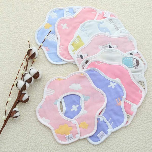 oly-3881fe75df81ae11fd4cff68dcb8a261 Wholesale Petal Bib Pure Cotton Factory Direct Sales Wholesale 360 Octagonal Pure Cotton Six-Layer Gauze Plum Petal Bib