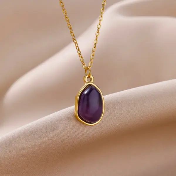 oly-38bc4072b2e6fbfa5349b4418d612d54 Wholesale 2pcs/set Purple Natural Stone Necklace Ring Set 18K Gold Plated Waterproof Stainless Steel Necklace Ring Two-Piece Set Simple Style Jewelry Set Women's Accessories Wholesale Christmas Gift Choice