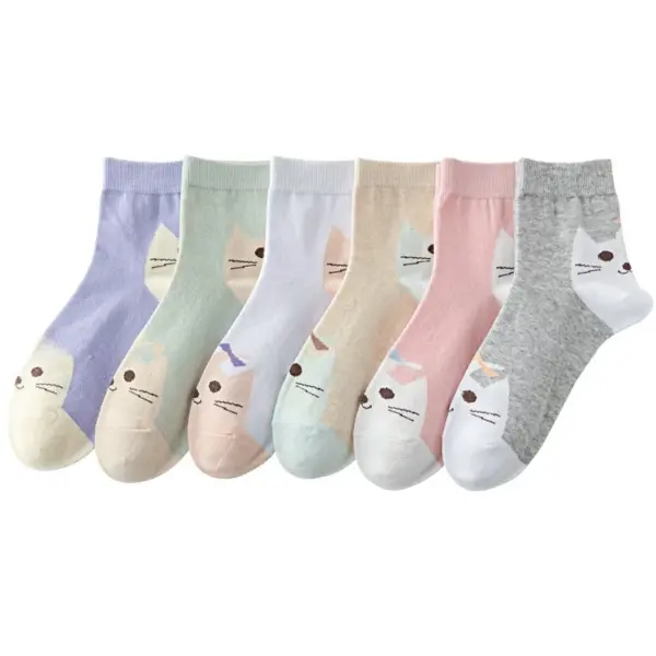 Wholesale Comfortable Cat Face Mid-Calf Socks For Women, Fashionable Cartoon Cat Design, New Autumn And Winter Sweet Style, Sweat-Absorbing Polyester Material, Unisex