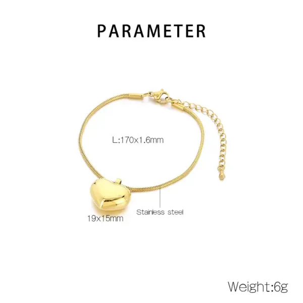 Wholesale Ion Plating (IP) 18K Gold Plated Heart Shape 304 Stainless Steel Casual Simple Style Streetwear Waterproof Non Tarnish 304 Stainless Steel Bracelets