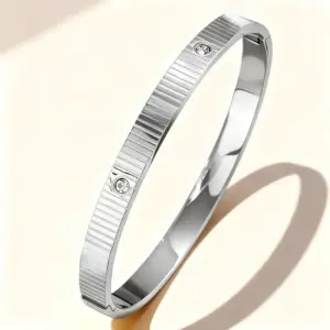 47-B-5 Steel-Colored Striped Bracelet with One Stud and One Diamond