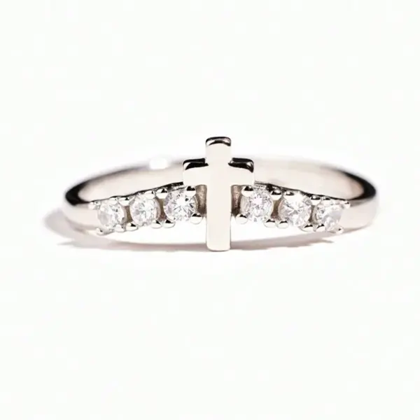Wholesale Women’s Cross Ring With Claw Setting, Copper Base With White K Water Plating, Featuring Zircon Inlay