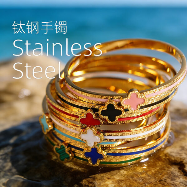 Wholesale Stainless steel electroplated gold stainless steel bracelet, colorfast jewelry, four-leaf clover epoxy resin titanium steel bracelet