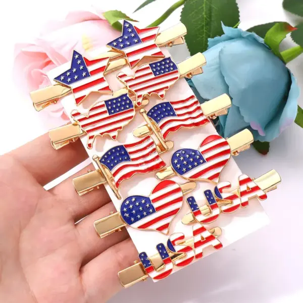 Wholesale NVENF New American Flag Enamel Hair Clip With Rhinestone Stars Heart-shaped Independence Day Women Hair Clip