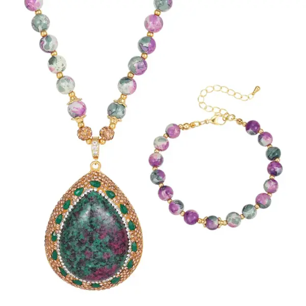 Wholesale Women’s Jewelry Set Featuring Water Droplets Pattern With Electroplated Copper And Natural Stone Inlay, 1 Set