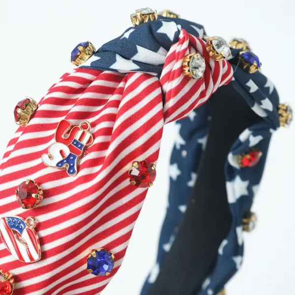 Wholesale Hot New American Flag Independence Day Headband Red White Blue Water Drill Hoop Knot Fabric Wide-brimmed Headband