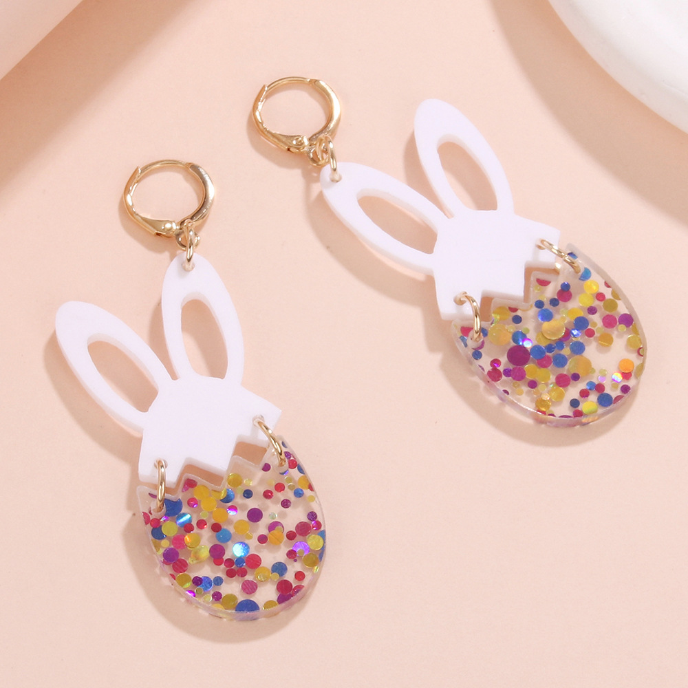 Wholesale Cross-border New Easter Earrings Handmade Shining Egg Cute Bunny Stitching Acrylic Earrings