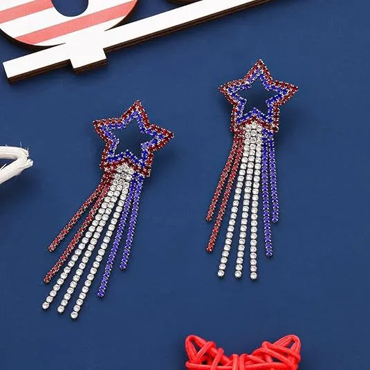 Wholesale American Flag Independence Day Heart Shaped Rhinestone Pendant Earrings Women Bohemian Long Waterdrop Jewelry Accessories