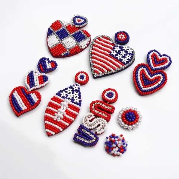 Wholesale Handmade Heart Shape Seed Bead Earrings With Rhinestones For Women, Drop Earrings Perfect For Independence Day