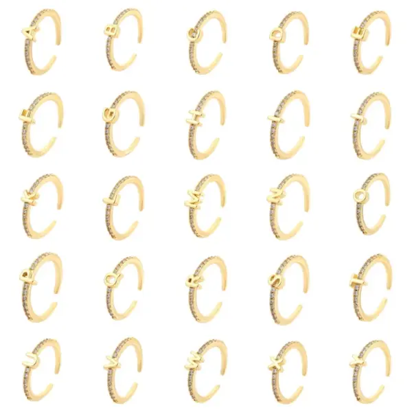 Wholesale Unisex Open Letter Ring In Copper With 14K Real Gold Plating And Zircon Inlay, Electroplated Finish