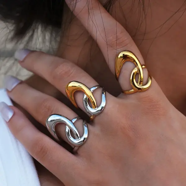 Wholesale Summer Ladies Geometric Lines Stainless Steel Ring Adjustable Size Vacuum Plated 18K Gold Elegant French Style Jewelry Accessory