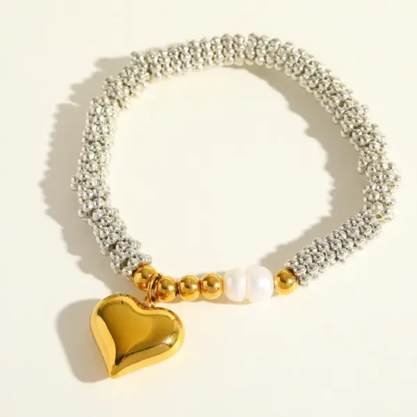 Wholesale Luxury Design 18K Gold Plated Stainless Steel Natural Pearl Heart Pendant Beaded Bracelet Elegant Romantic Fashion Jewelry