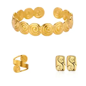 Wholesale 3pcs/set Swirl Style Jewelry Set 18K Gold Plated Stainless Steel Bracelet Ring Earrings Geometric Pattern Swirl Thread Style Jewelry Set Unisex Accessories Christmas Gift Choice