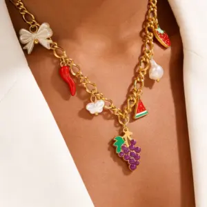 Wholesale Waterproof Fruit Necklace For Women, 304 Stainless Steel With 18K Gold Plated Finish And Zircon Inlay, Box Chain